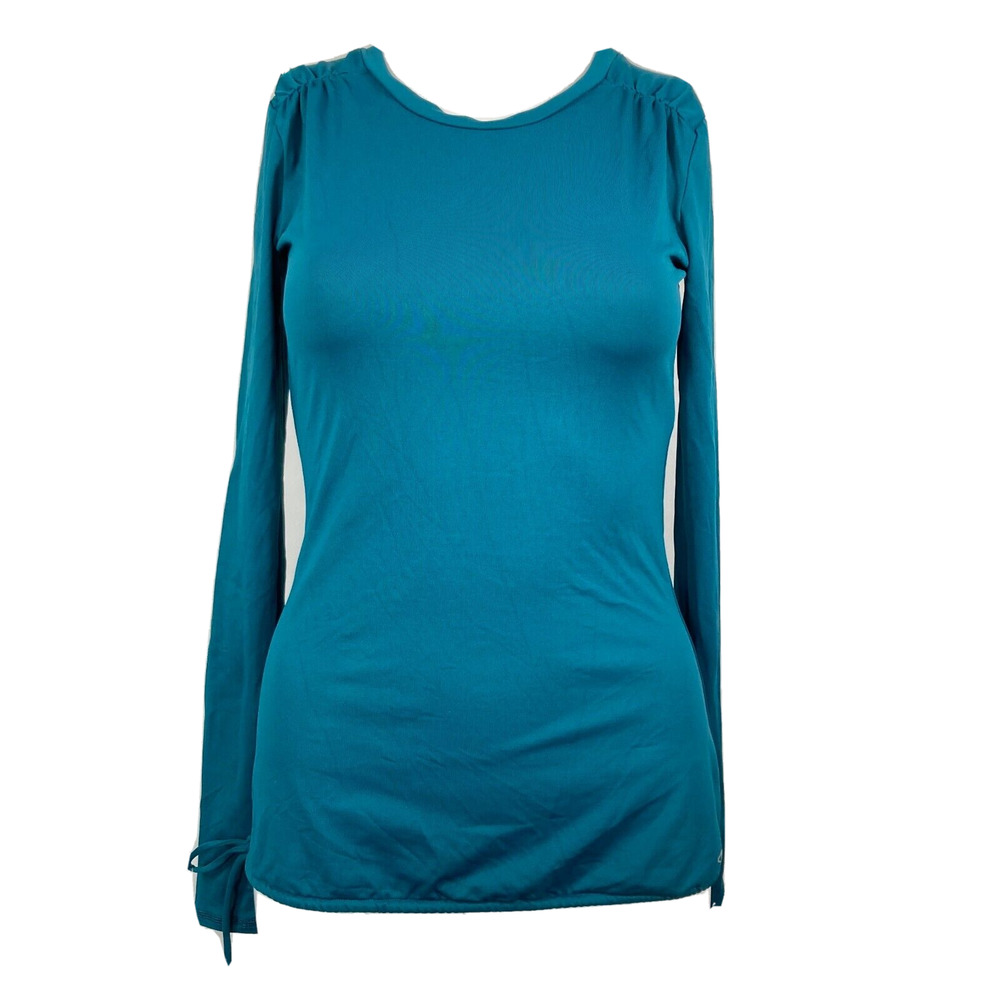 O'Neill 365 Rash Guard Womens Sz XS Blue Stretch Cinch Shoulder Tie Hem Back Zip